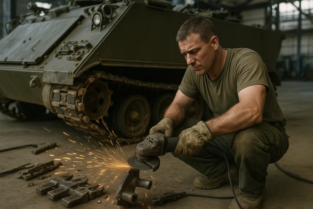 Слюсар шліфує металеву гусеницю