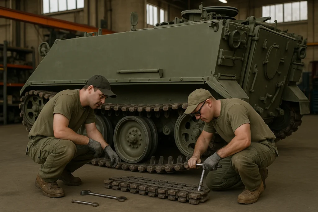 Два слюсарі комплектують металеву гусеницю бронетранспортера
