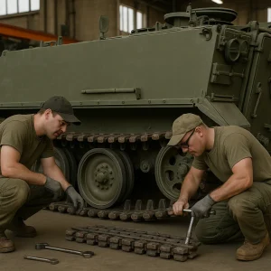 Два слюсарі комплектують металеву гусеницю бронетранспортера